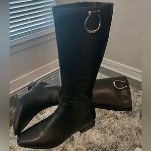 Naturalizer Black Leather Boots With Side Zippers and Silver Horseshoe Accent.